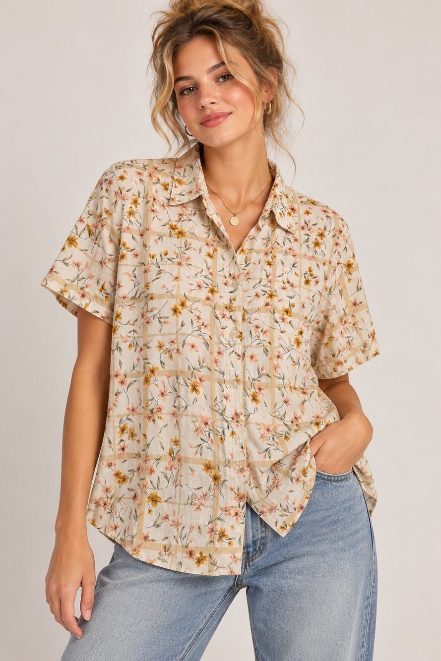 Vintage 90s Sag Harbor Floral Plaid Button Up Shirt Blouse Cottagecore Large L